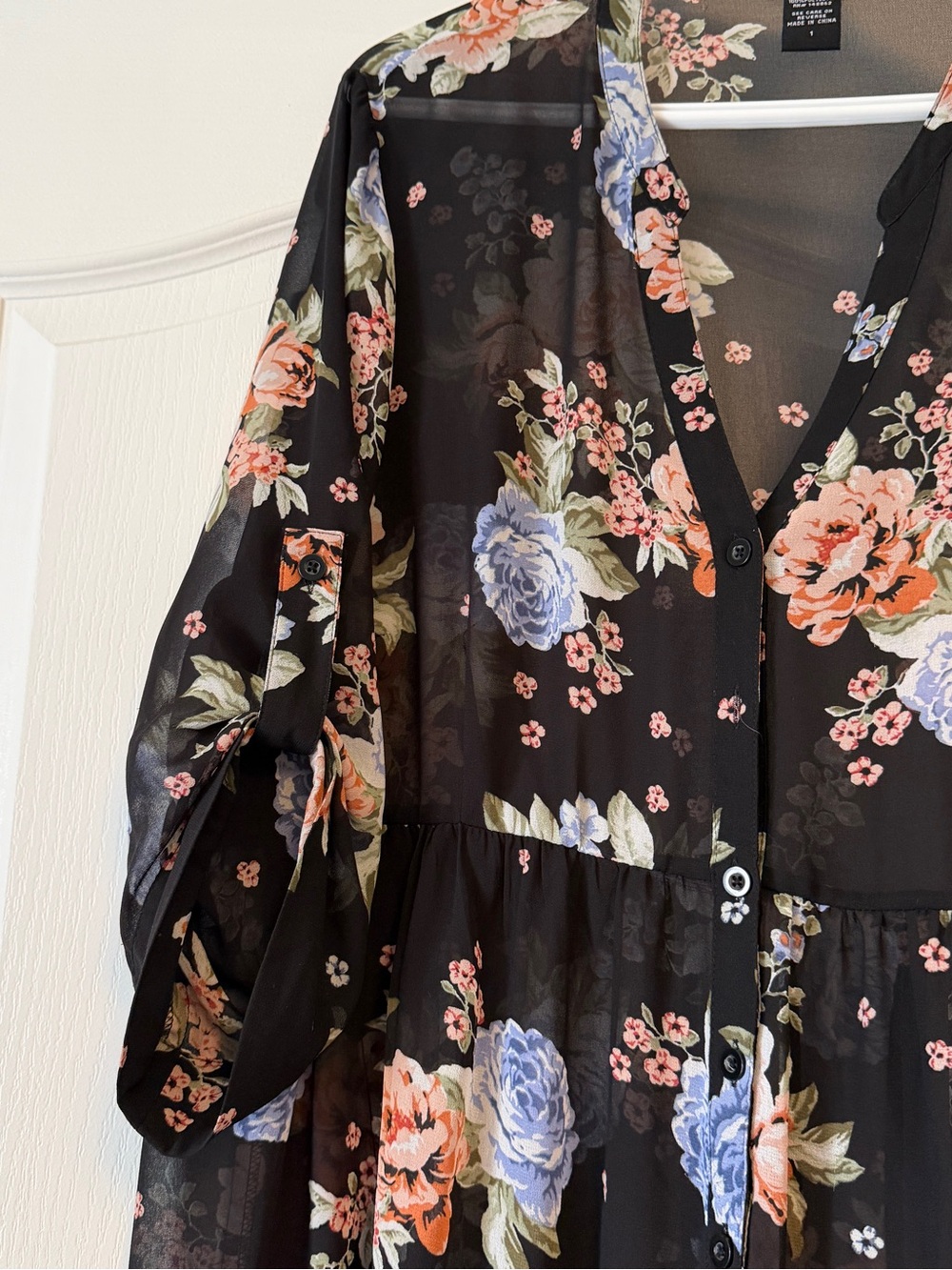 Black Floral Button-Front Sheer tunic